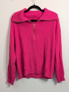 Talbots Hot Pink Ribbed Cotton-Merino Quarter-Zip Sweater L